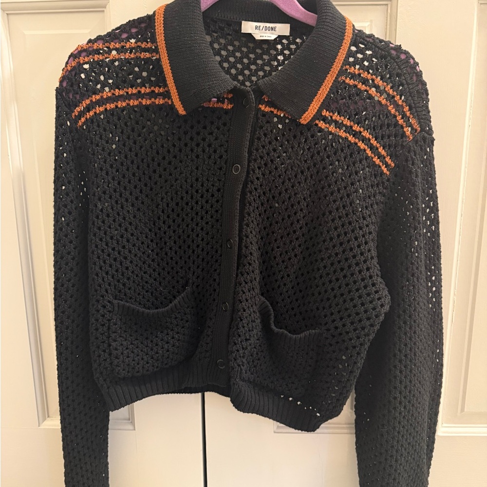 Re/Done Black Open-Knit Cardigan with Orange Trim